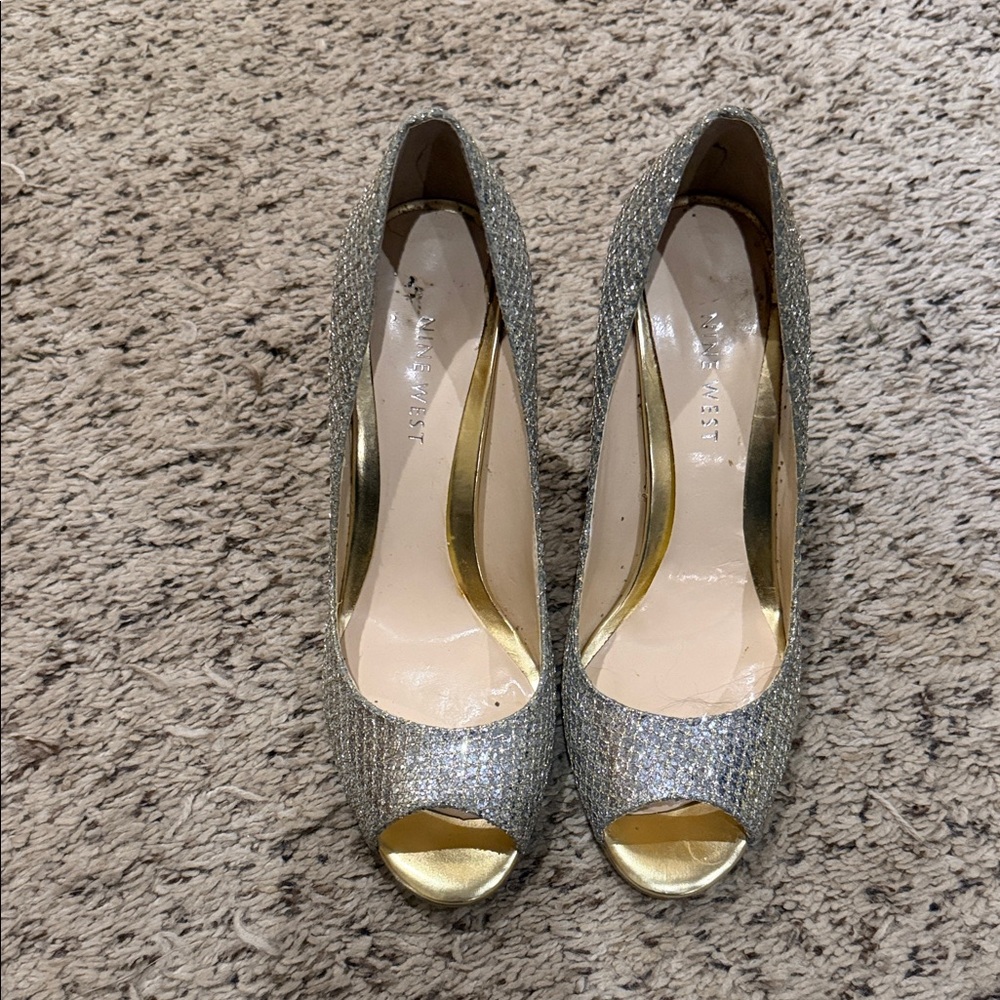 Nine West Elegant Silver and Gold Peep-Toe Heels